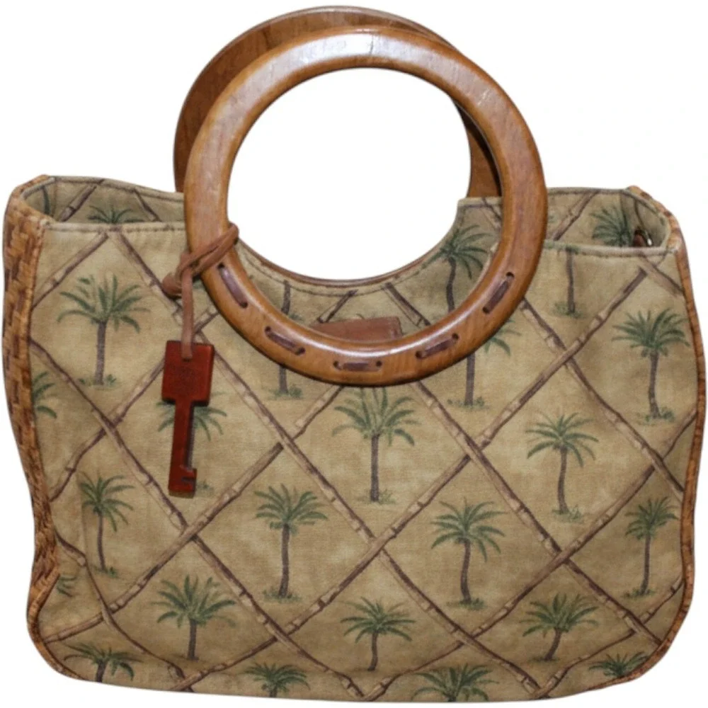 Fossil Key-Per Vintage Palm Tree Canvas Tote Wooden Handle Bag Y2K